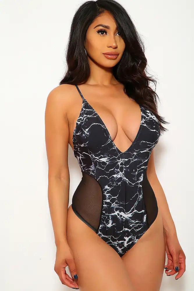 Sexy Black Printed Mesh Cut Out V-Cut One Piece Swimsuit - AMIClubwear