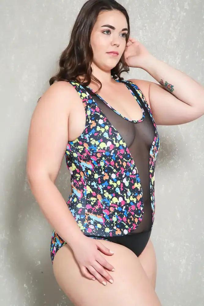 Sexy Black Printed Mesh Panel Plus Size One Piece Swimsuit Bikini