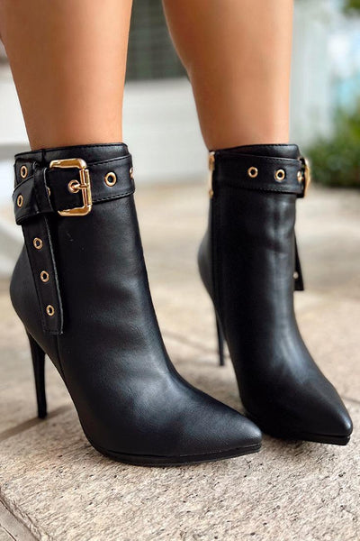 Sexy Black PU Ankle Booties With Gold Buckle - AMIClubwear