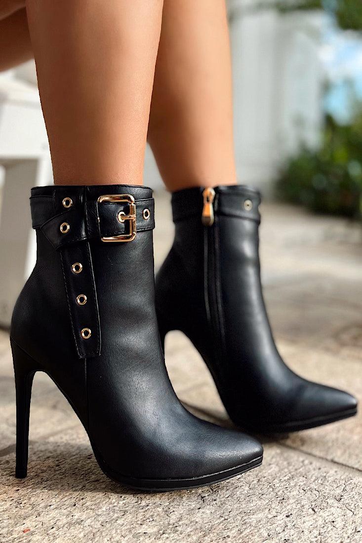 Sexy Black PU Ankle Booties With Gold Buckle - AMIClubwear