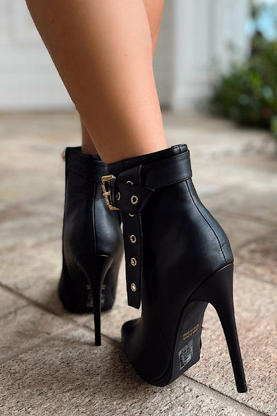 Sexy Black PU Ankle Booties With Gold Buckle - AMIClubwear