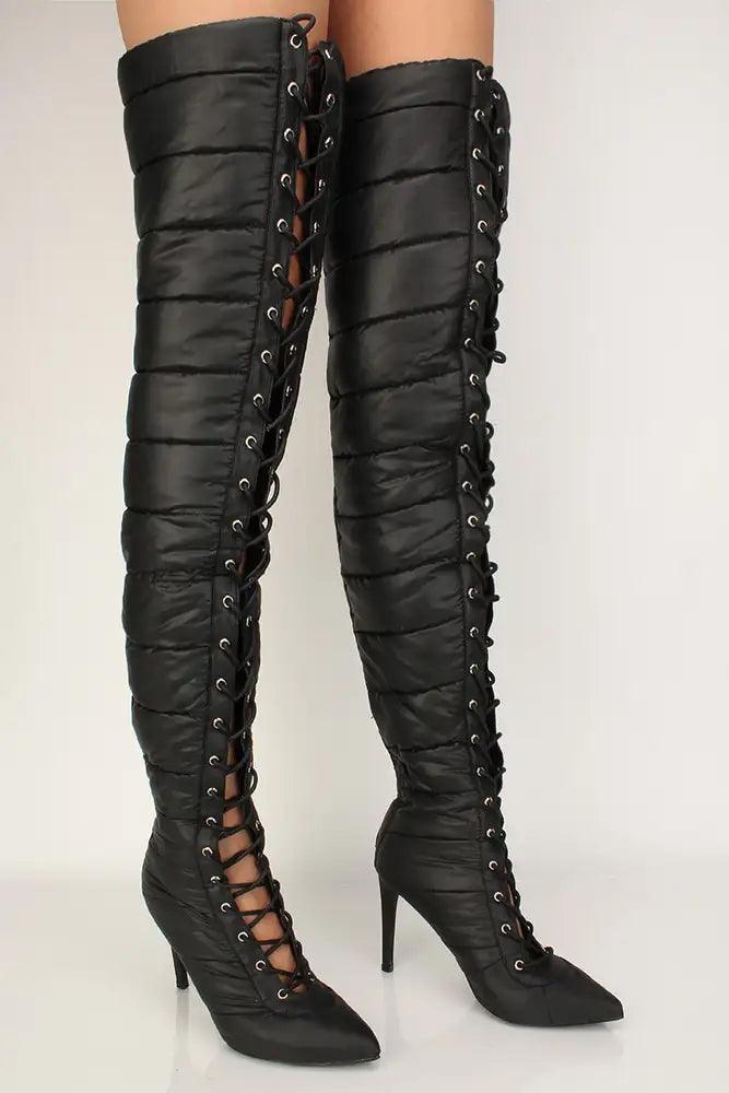 Sexy Black Puffer Lace Up High Heels Thigh High Boots – AMIClubwear