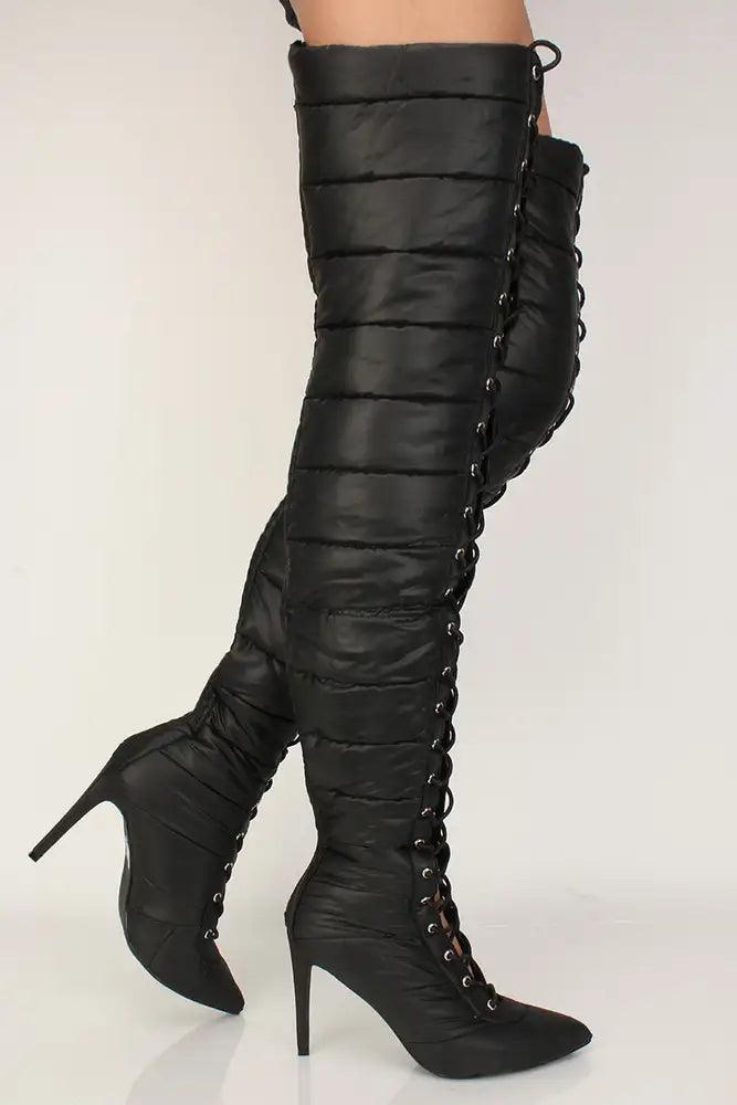 Sexy Black Puffer Lace Up High Heels Thigh High Boots - AMIClubwear