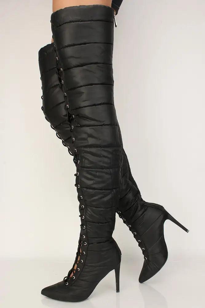 Sexy Black Puffer Lace Up High Heels Thigh High Boots