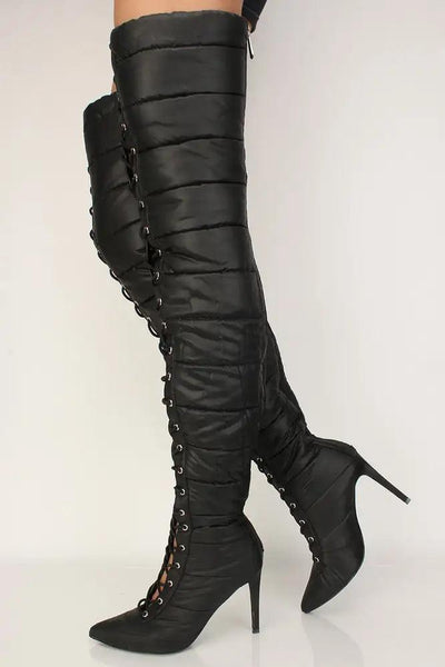 Sexy Black Puffer Lace Up High Heels Thigh High Boots - AMIClubwear