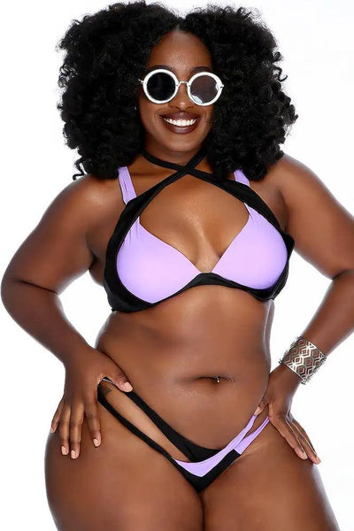 Sexy Black Purple Strappy Two Tone Color Block Bikini Two Piece Swimsuit - AMIClubwear