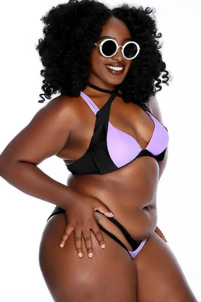 Sexy Black Purple Strappy Two Tone Color Block Bikini Two Piece Swimsuit - AMIClubwear