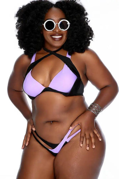 Sexy Black Purple Strappy Two Tone Color Block Bikini Two Piece Swimsuit - AMIClubwear