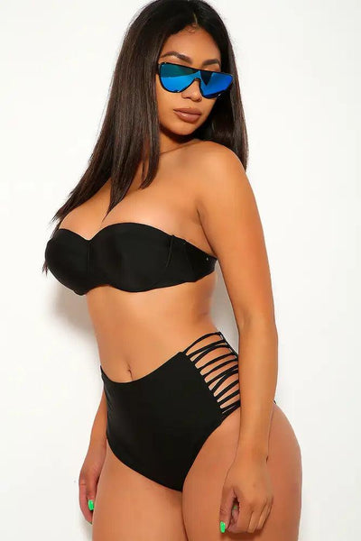 Sexy Black Push Up Halter Top Strappy Bottom Two Piece Swimsuit - AMIClubwear