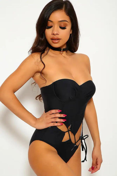 Sexy Black Push Up Lace Up Cut Out One Piece Swimsuit - AMIClubwear