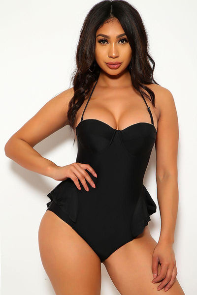 Sexy Black Push Up Ruffled Strappy Cut Out One Piece Swimsuit - AMIClubwear