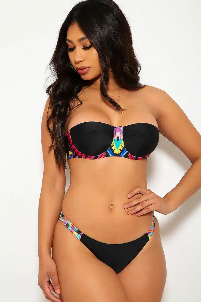 Sexy Black Push Up Tribal Print Bandeau Two Piece Swimsuit - AMIClubwear