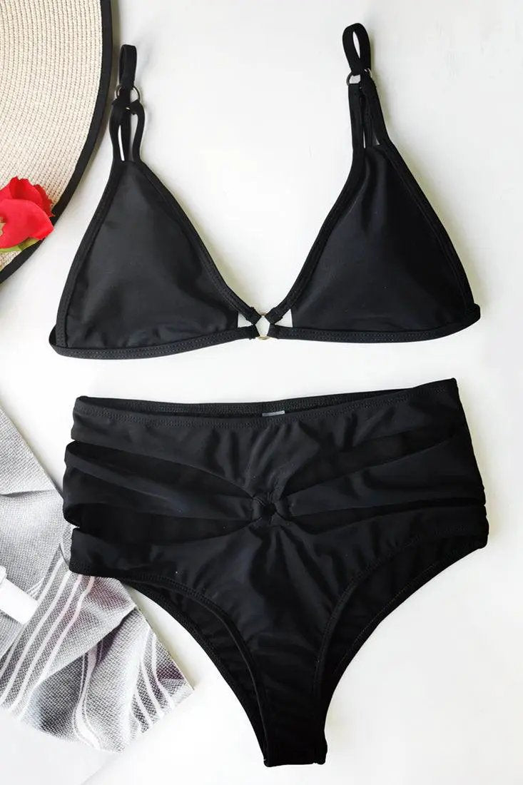Sexy Black Racer Cut Triangle Top 2 pc Swimsuit Bikini