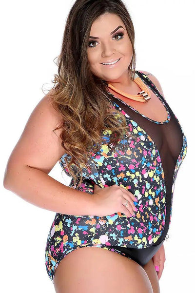 Sexy Black Rainbow Paint Pattern Mesh Cutout Plus Size Swimsuit - AMIClubwear