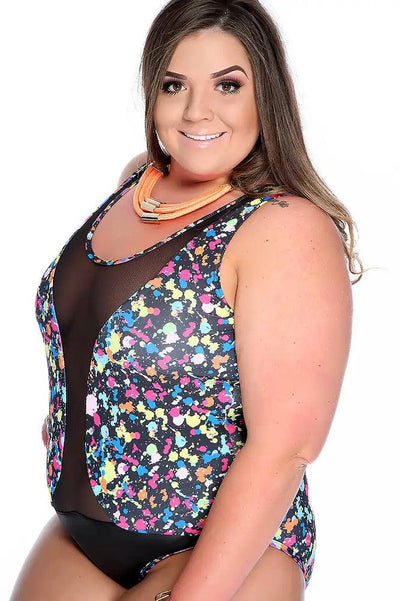 Sexy Black Rainbow Paint Pattern Mesh Cutout Plus Size Swimsuit - AMIClubwear