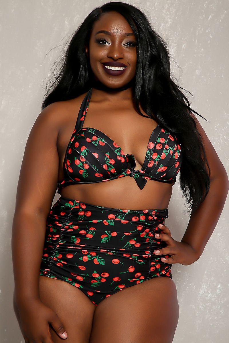 Sexy Black Red Cherry Printed Detail High Waist Plus Size Two Piece Swimsuit - AMIClubwear