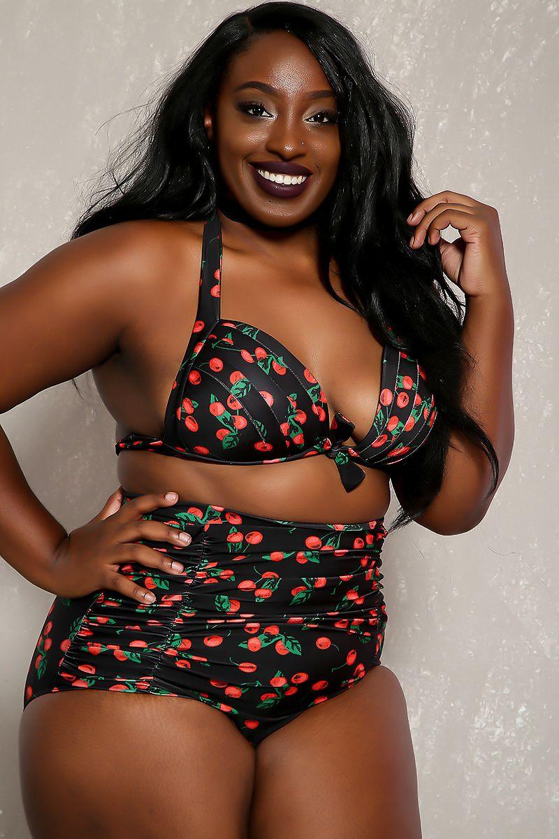 Sexy Black Red Cherry Printed Detail High Waist Plus Size Two Piece Swimsuit - AMIClubwear