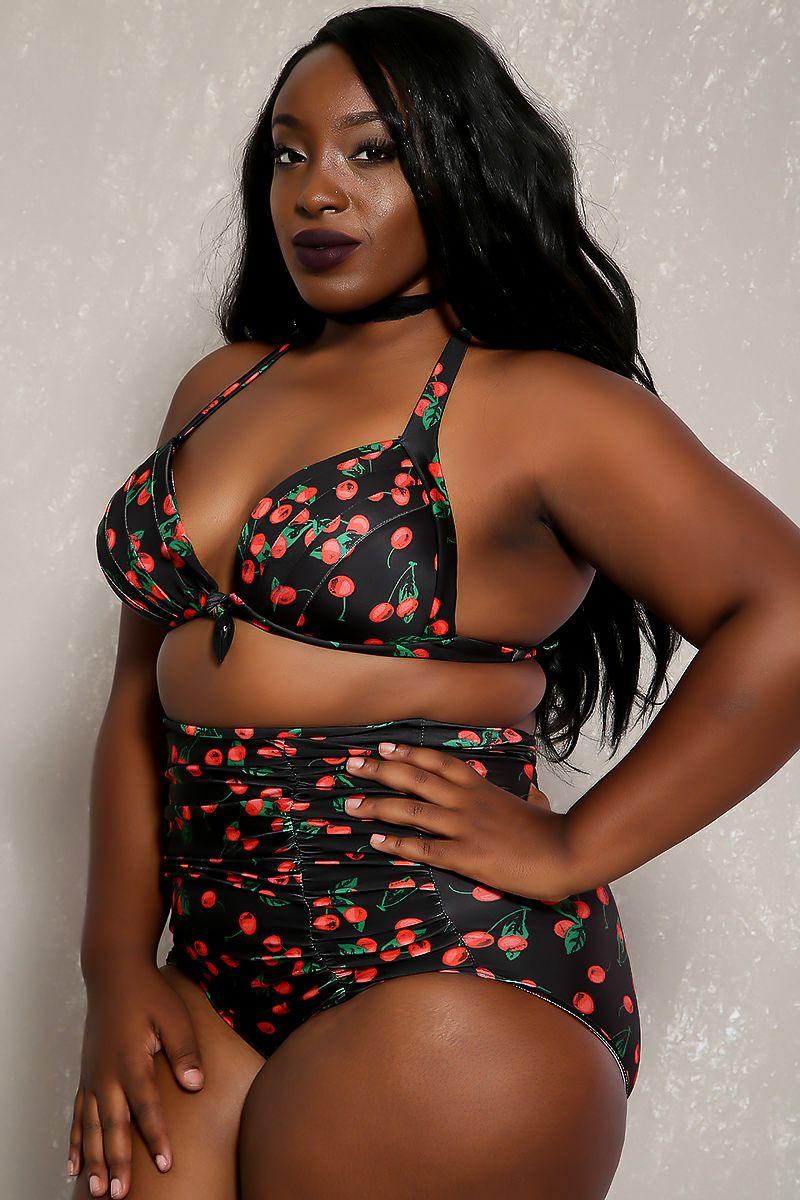 Sexy Black Red Cherry Printed Detail High Waist Plus Size Two Piece Swimsuit - AMIClubwear