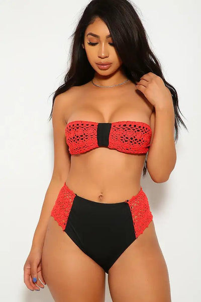 Sexy Black Red Crochet Bandeau Two Tone High Waist Two Piece Swimsuit - AMIClubwear