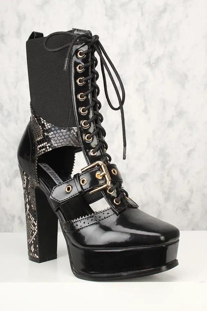 Sexy Black Reptile Lace Up Mid-Calf Booties - AMIClubwear