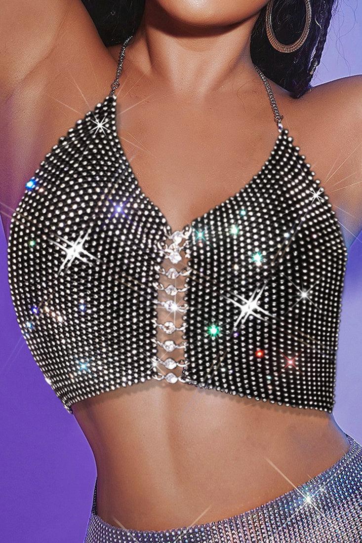 Sexy Black Rhinestone Backless Halter Top - AMIClubwear