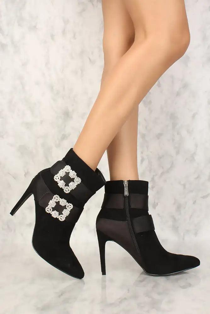 Sexy Black Rhinestone Buckle Accent Pointy Toe Booties - AMIClubwear