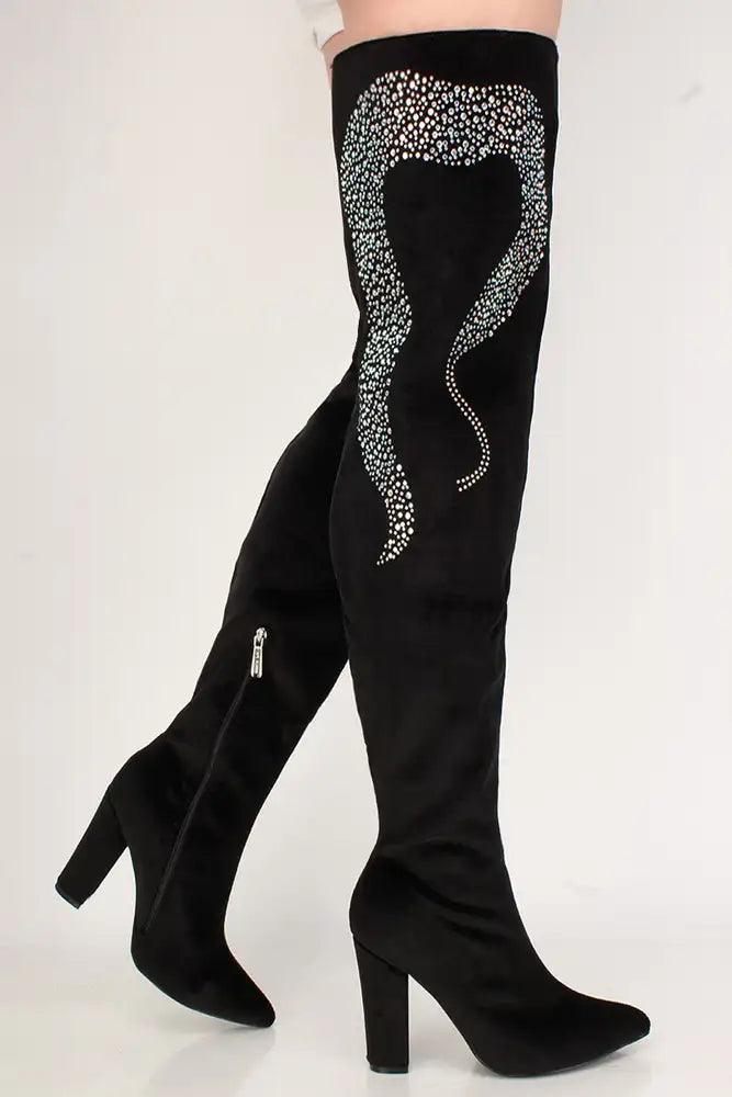 Sexy Black Rhinestone Chunky High Heel Thigh High Boots Velvet - AMIClubwear