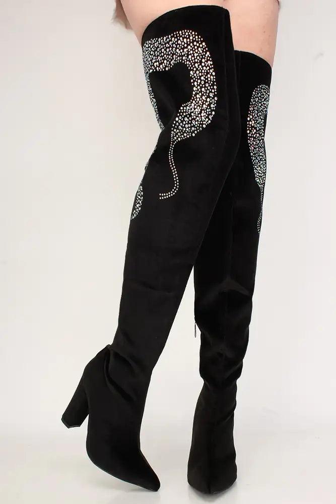 Sexy Black Rhinestone Chunky High Heel Thigh High Boots Velvet - AMIClubwear