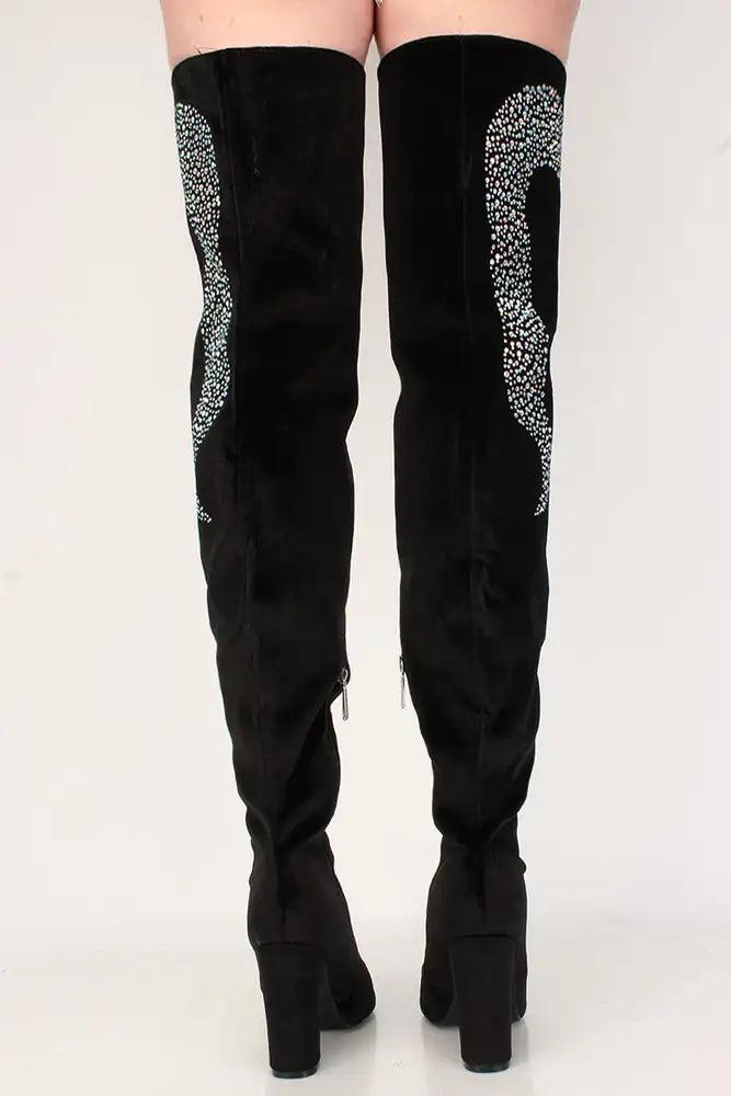 Sexy Black Rhinestone Chunky High Heel Thigh High Boots Velvet - AMIClubwear