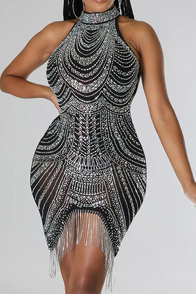 Sexy Black Rhinestone Cocktail Dress With Fringe Rhinestones - AMIClubwear