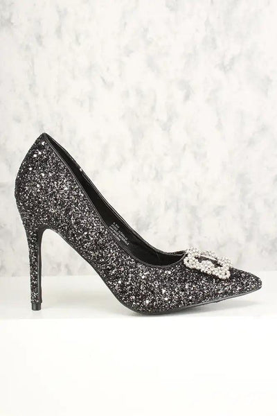 Sexy Black Rhinestone High Heels Pumps Chunky Glitter - AMIClubwear