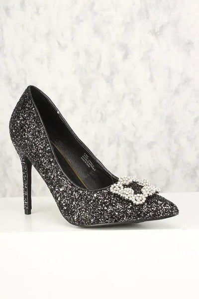 Sexy Black Rhinestone High Heels Pumps Chunky Glitter - AMIClubwear