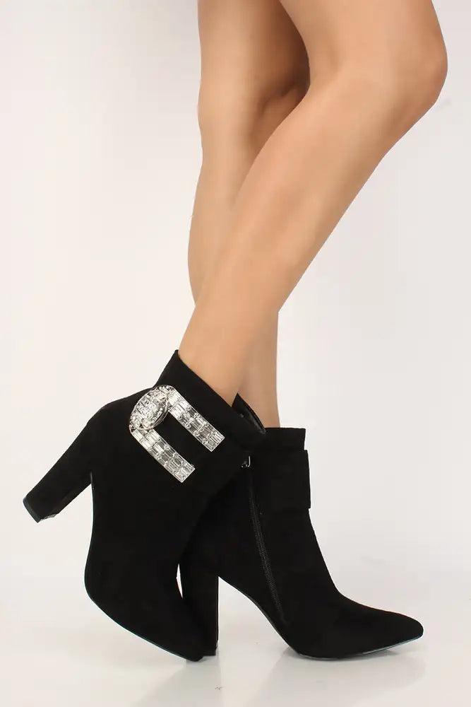 Sexy Black Rhinestone Mid Calf Chunky High Heels Booties Faux Leather - AMIClubwear