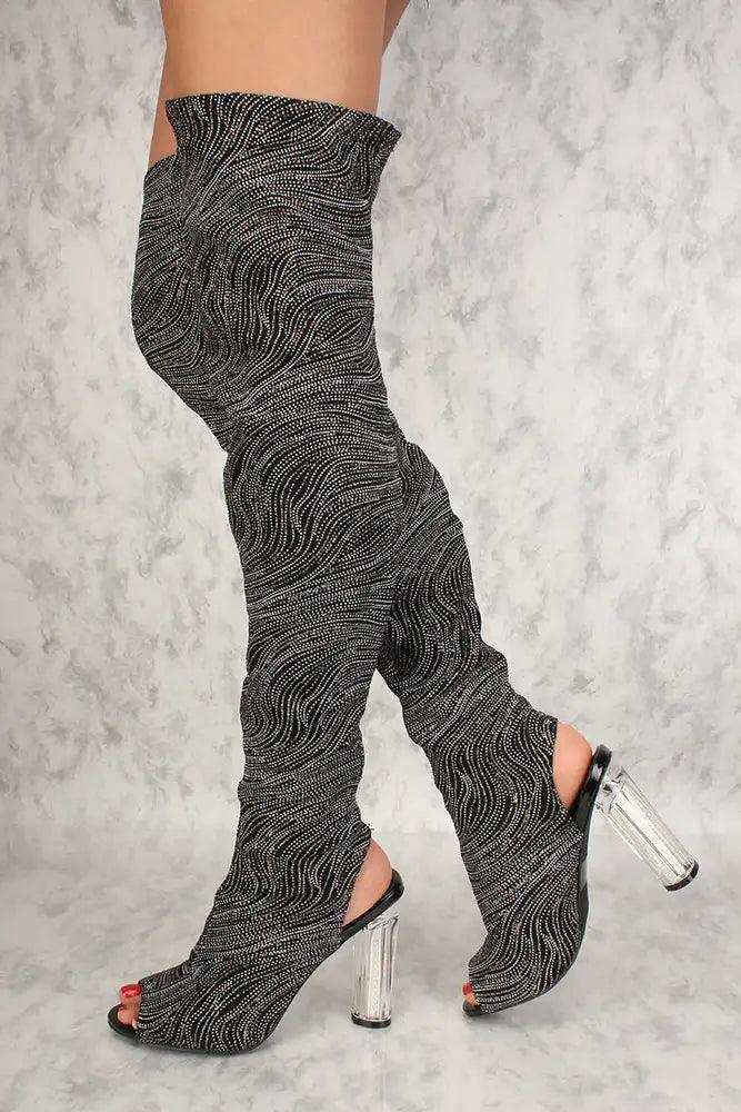 Sexy Black Rhinestone Open Toe Cutout Heel Thigh High Boots - AMIClubwear