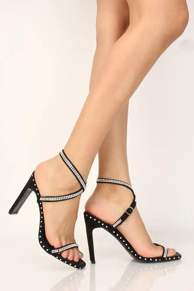 Sexy Black Rhinestone Open Toe Single Sole High Heels Faux Suede - AMIClubwear