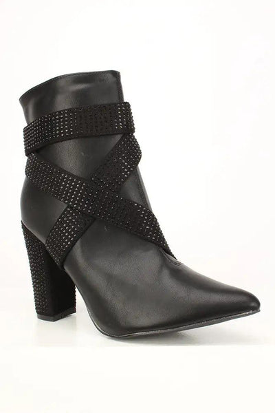 Sexy Black Rhinestone Pointy Toe Chunky High Heels Booties Faux Leather - AMIClubwear