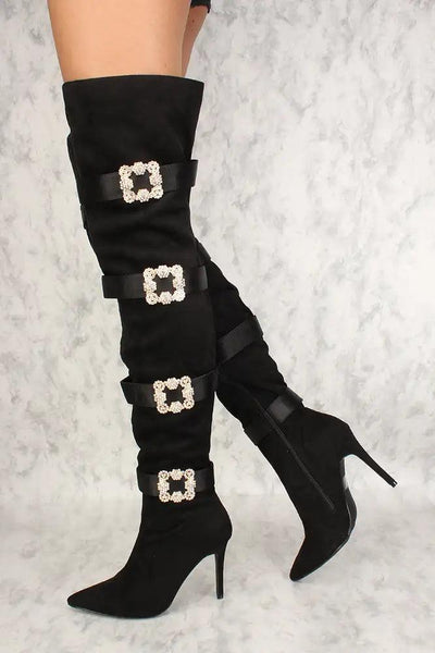Sexy Black Rhinestone Studded Decor Strappy Thigh High Boots - AMIClubwear