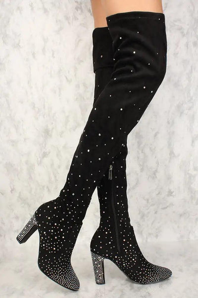 Sexy Black Rhinestone Thigh High Chunky Heels Boots Faux Suede - AMIClubwear