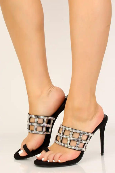 Sexy Black Rhinestone Toe Ring Slip On High Heels - AMIClubwear