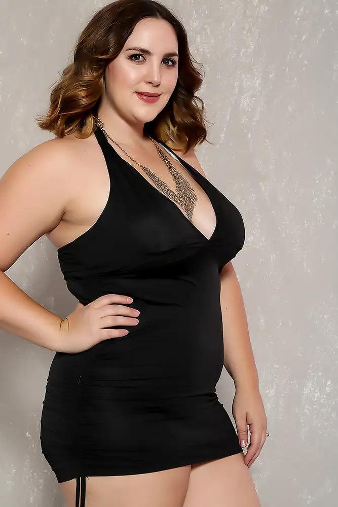 Sexy Black Ruched Thong Two Piece Plus Size Swimsuit - AMIClubwear