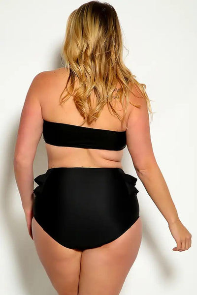 Sexy Black Ruffle Accent Padded High Waist Two Piece Plus Size Bikini - AMIClubwear