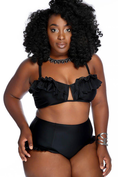 Sexy Black Ruffle Detailing Front Open Keyhole High Waist Two Piece Plus Size Swimsuit - AMIClubwear