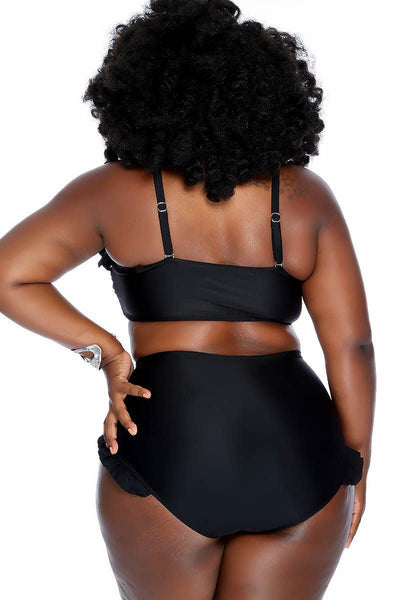 Sexy Black Ruffle Detailing Front Open Keyhole High Waist Two Piece Plus Size Swimsuit - AMIClubwear