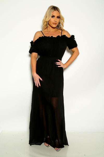 Sexy Black Ruffled Off Shoulder Zip Up Maxi Party Dress - AMIClubwear