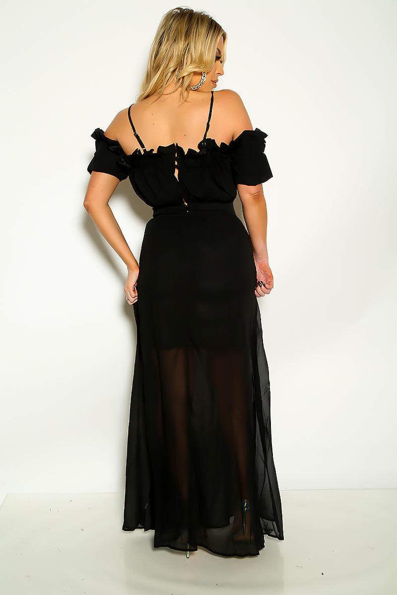 Sexy Black Ruffled Off Shoulder Zip Up Maxi Party Dress - AMIClubwear