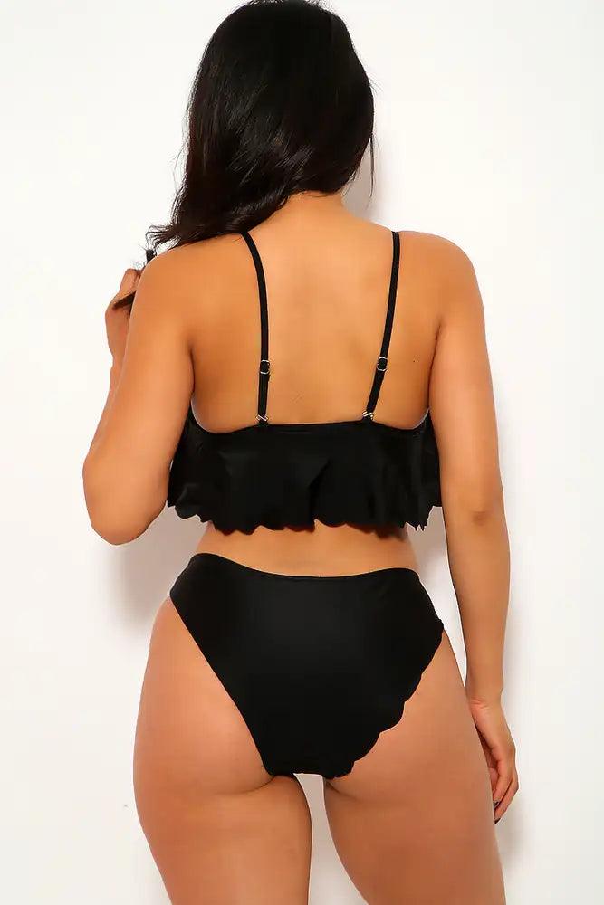 Sexy Black Ruffled Scalloped Overlay Spaghetti Strap Two Piece Swimsuit - AMIClubwear