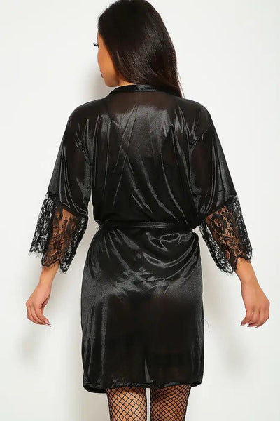 Sexy Black Satin 2 Piece Robe Set - AMIClubwear