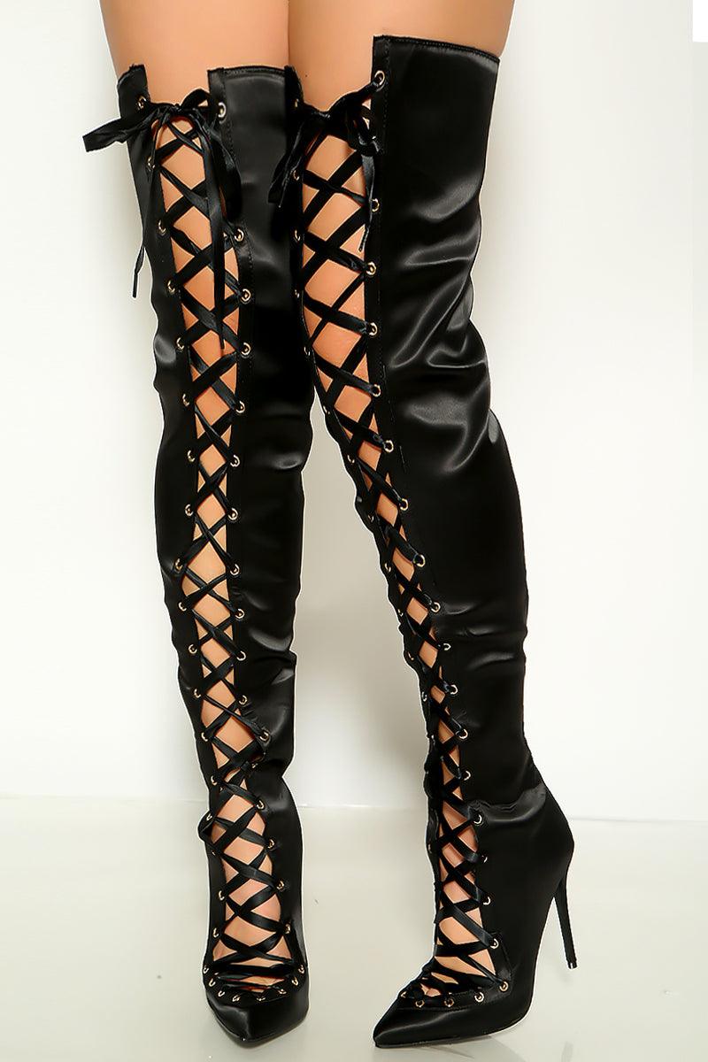 Sexy Black Satin Lace Up Pointy Toe Thigh High Boots - AMIClubwear