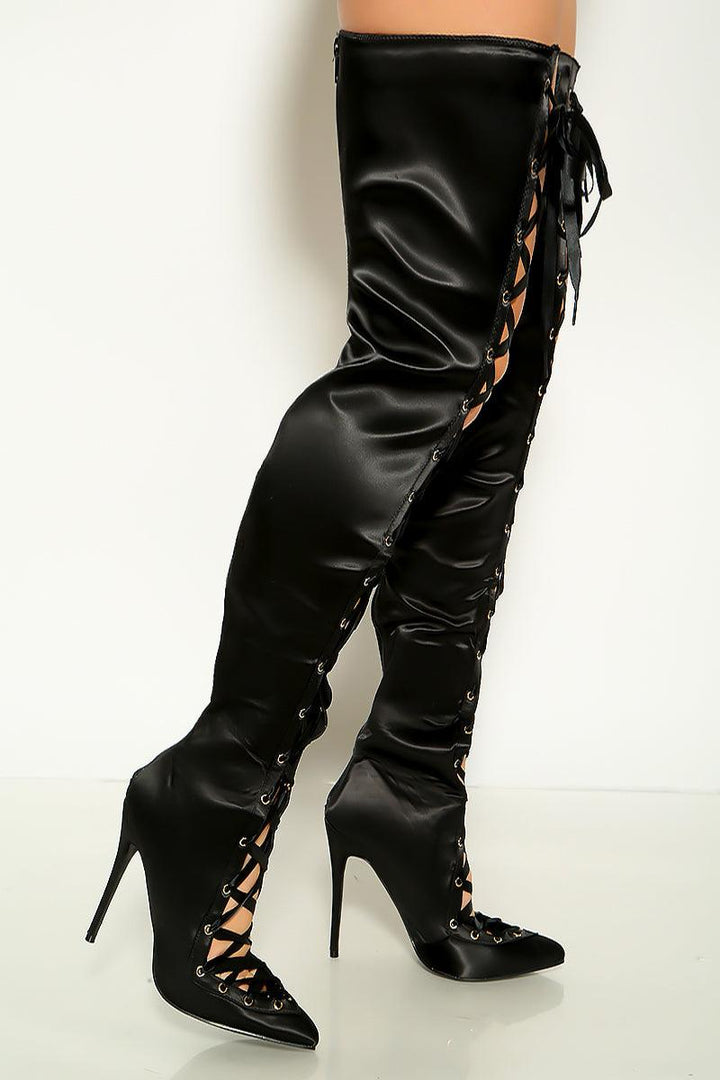 Sexy Black Satin Lace Up Pointy Toe Thigh High Boots AMIClubwear