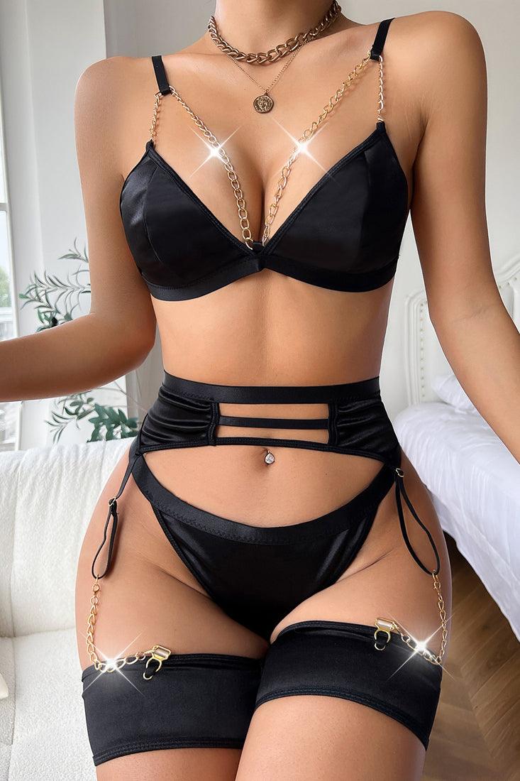 Sexy Black Satin Lingerie Set With Gold Garter Chains - AMIClubwear